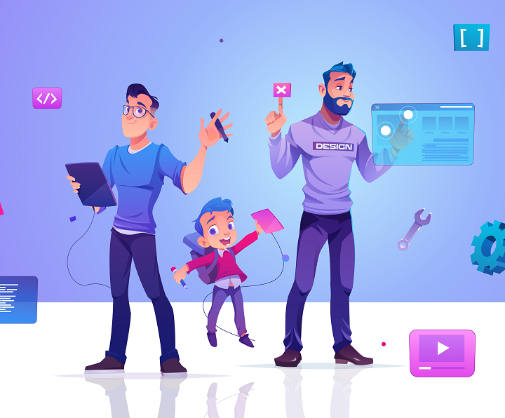 illustration of web developers with floating icons